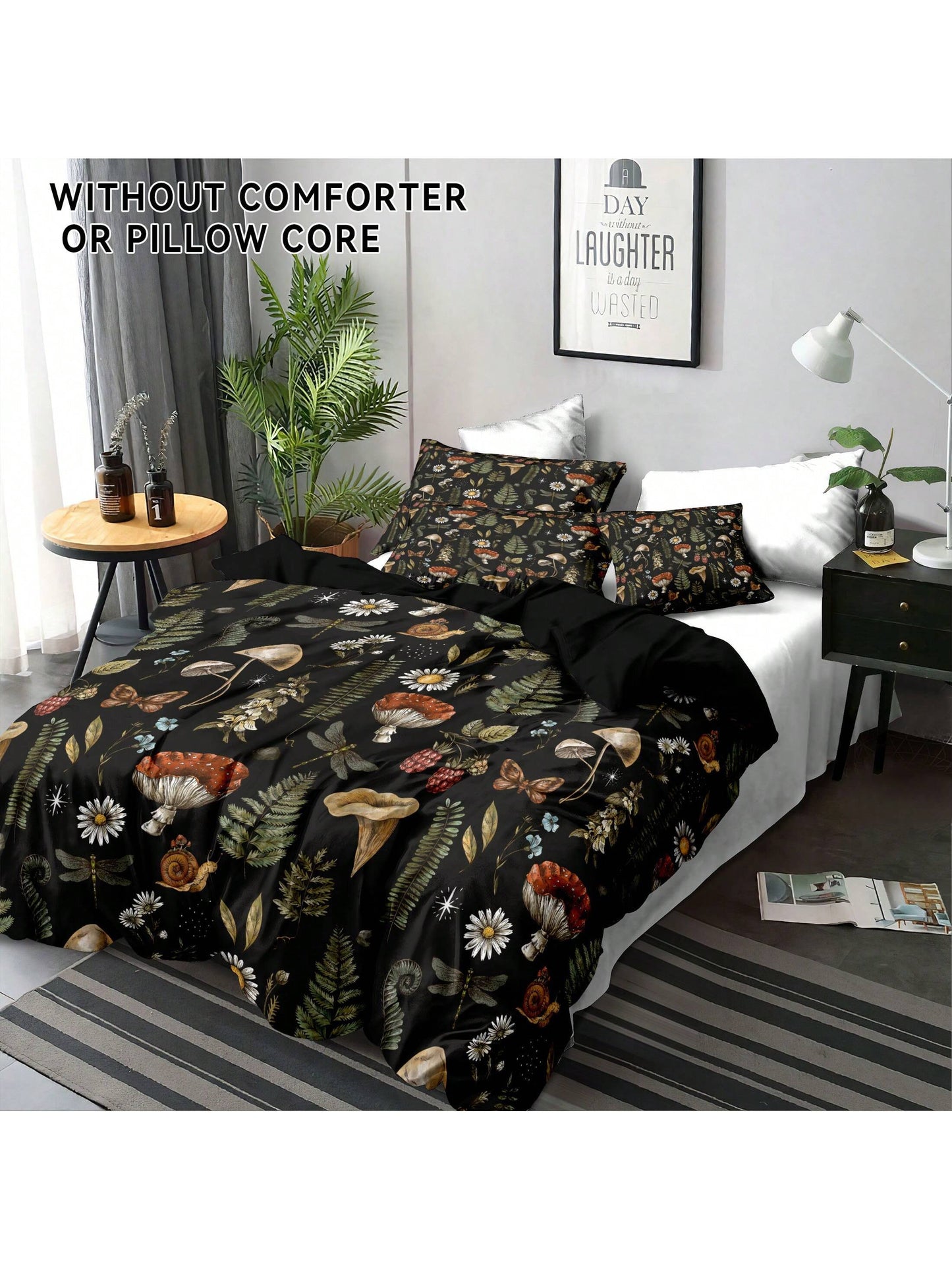 3Pcs Polyester Mushroom Forest & Floral Print Bedding Set, Suitable for Bedroom and Guest Room. Soft & Comfortable Duvet Cover Set, Ideal Gift for Family and Friends (1*Duvet Cover + 2*Pillow Shams, No Filler)