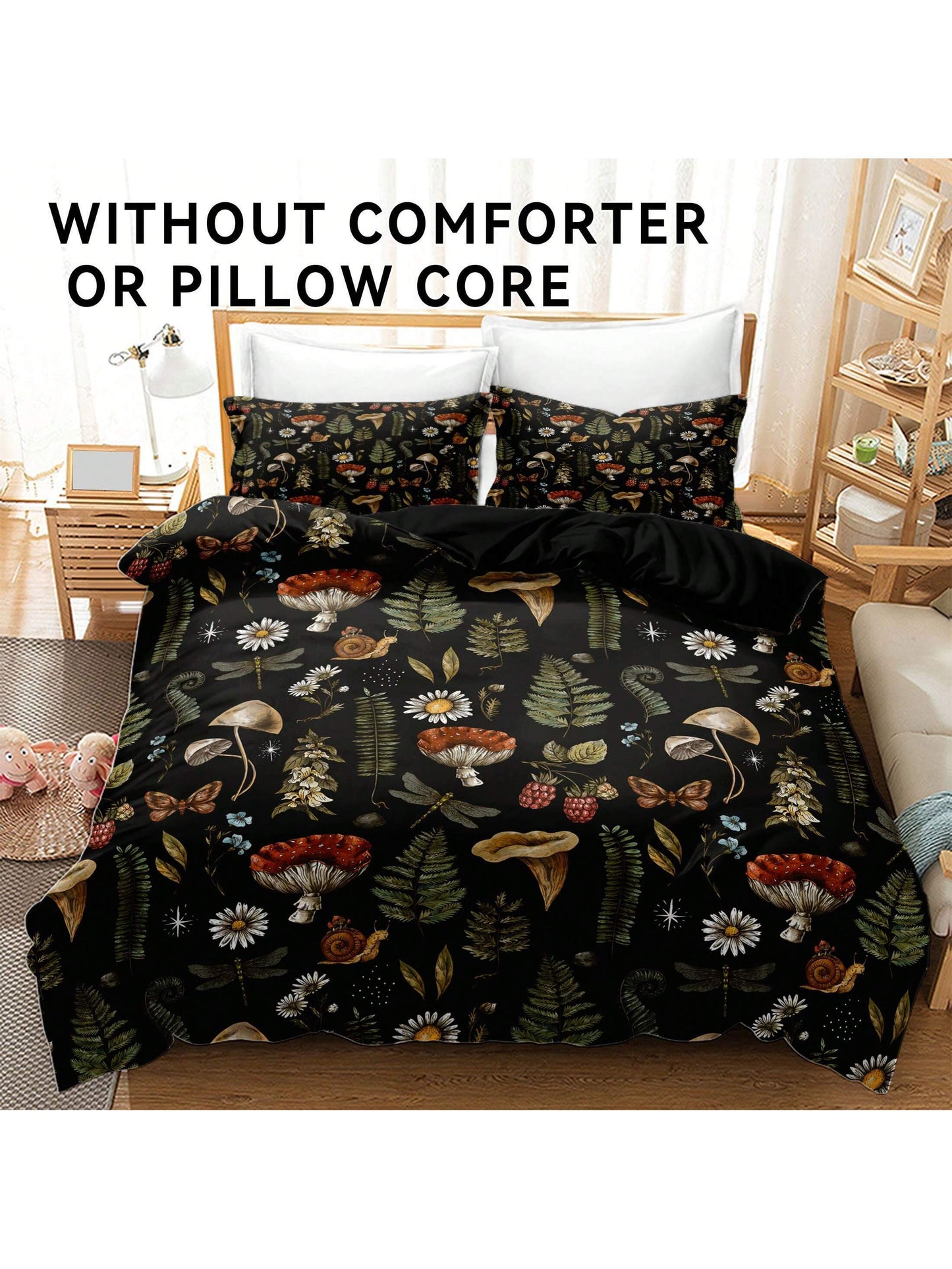 3Pcs Polyester Mushroom Forest & Floral Print Bedding Set, Suitable for Bedroom and Guest Room. Soft & Comfortable Duvet Cover Set, Ideal Gift for Family and Friends (1*Duvet Cover + 2*Pillow Shams, No Filler)