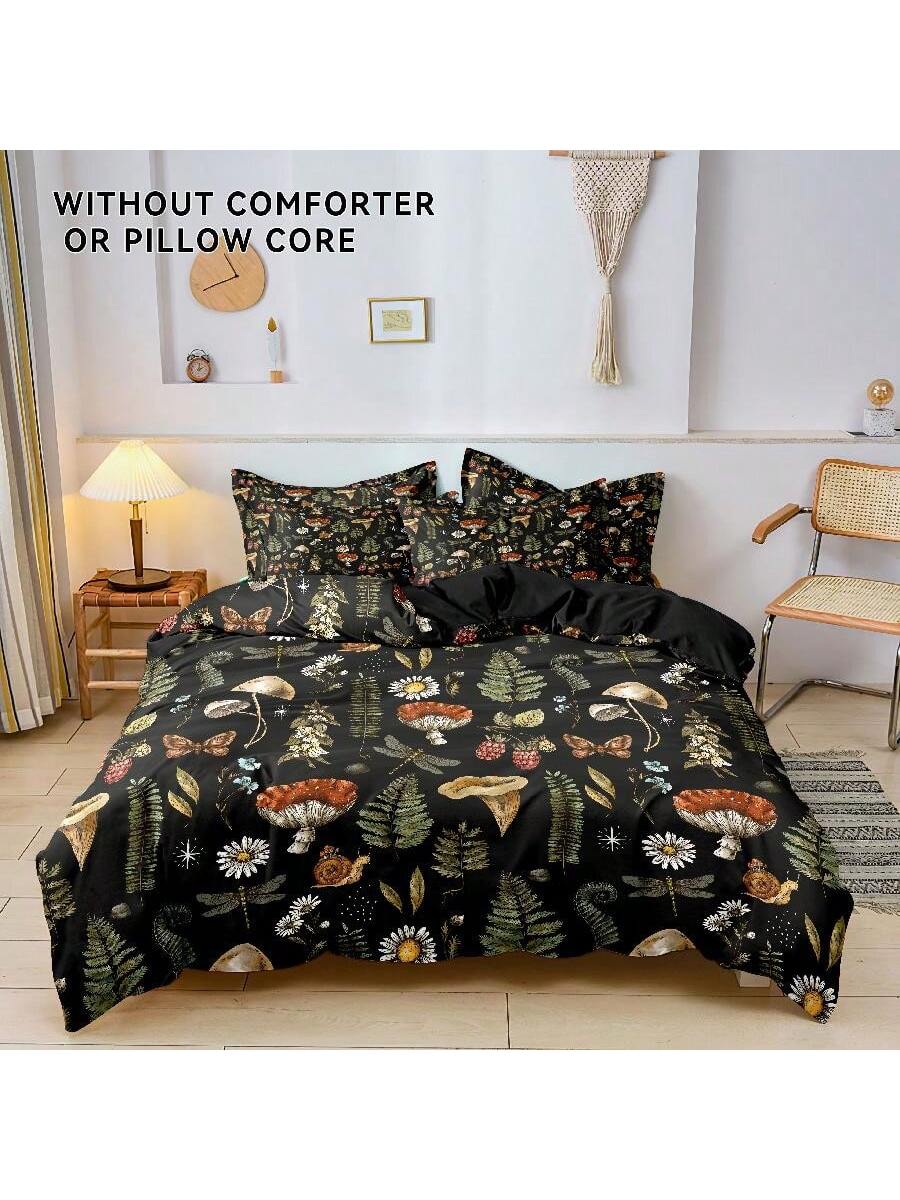 3Pcs Polyester Mushroom Forest & Floral Print Bedding Set, Suitable for Bedroom and Guest Room. Soft & Comfortable Duvet Cover Set, Ideal Gift for Family and Friends (1*Duvet Cover + 2*Pillow Shams, No Filler)
