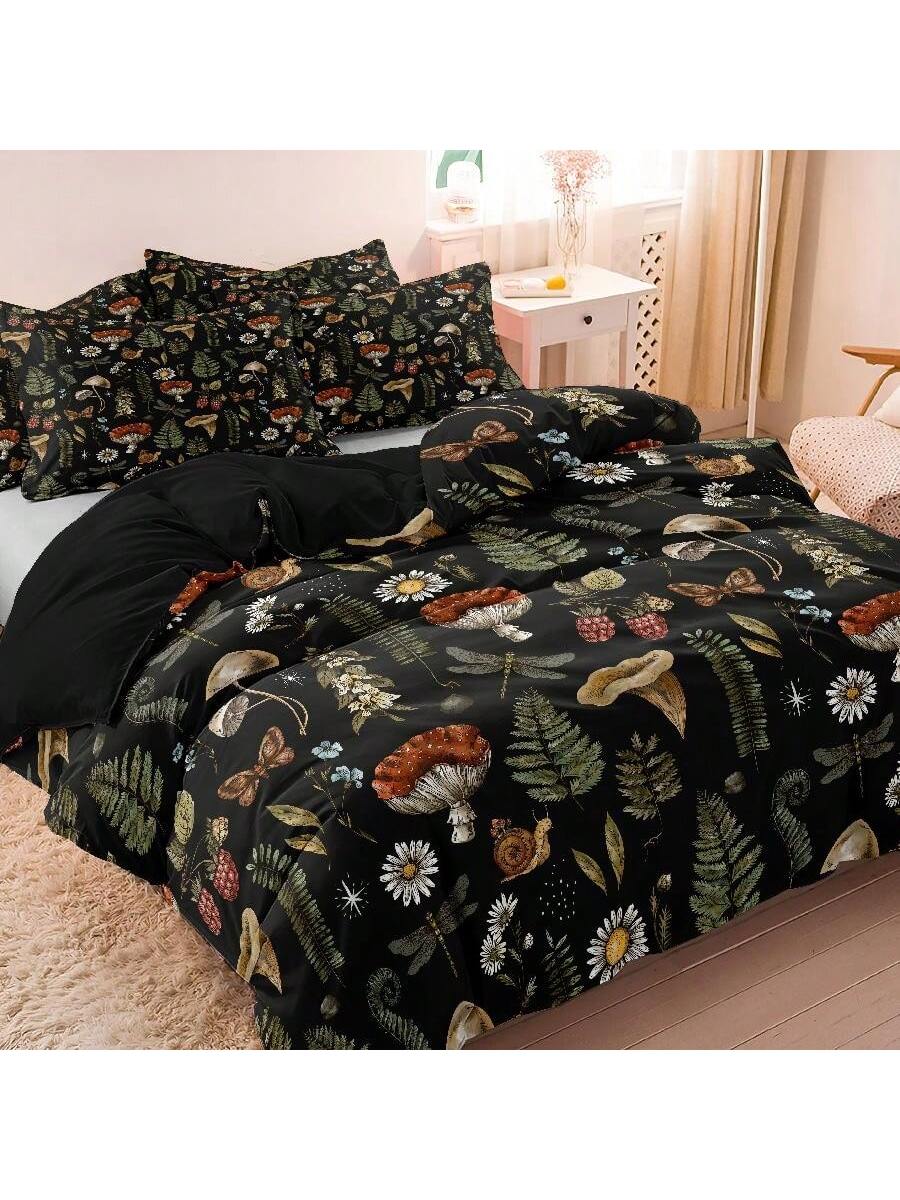 3Pcs Polyester Mushroom Forest & Floral Print Bedding Set, Suitable for Bedroom and Guest Room. Soft & Comfortable Duvet Cover Set, Ideal Gift for Family and Friends (1*Duvet Cover + 2*Pillow Shams, No Filler)