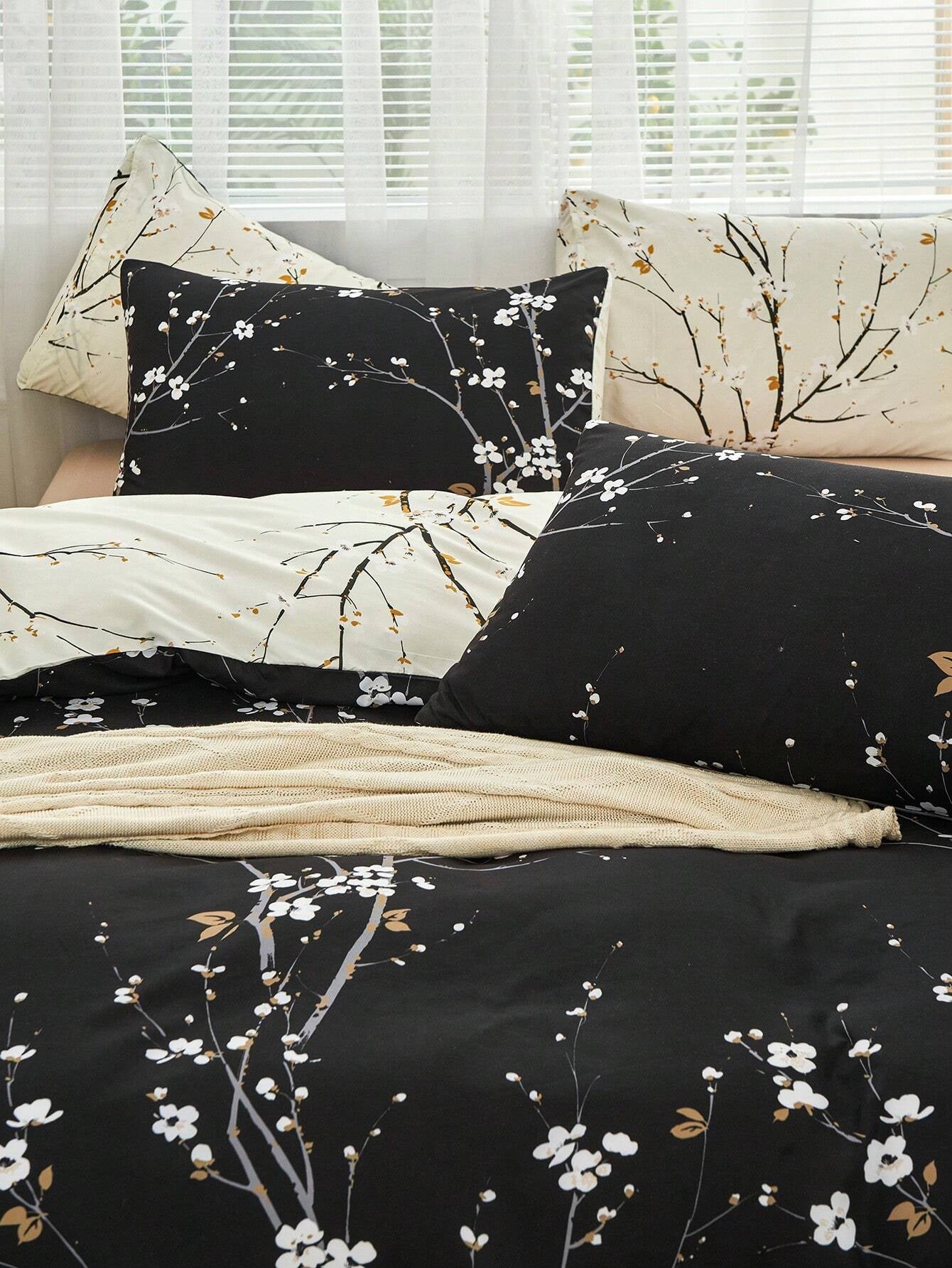 3Pcs/Set Black Beige Two Tone Reversible Plum Blossom Branch Flower Pattern Duvet Cover Set Easy Care Microfiber Soft Bedding Set Soft Breatheable Wrinkle-Free Better for Sleep, Luxury Hotel Style, Gift for Mom Dad Friend, Quilt Comforter Duvet Cover*1 Pillowcase*2 King Queen Full Twin Size Domitory Bedding Back School Bedding