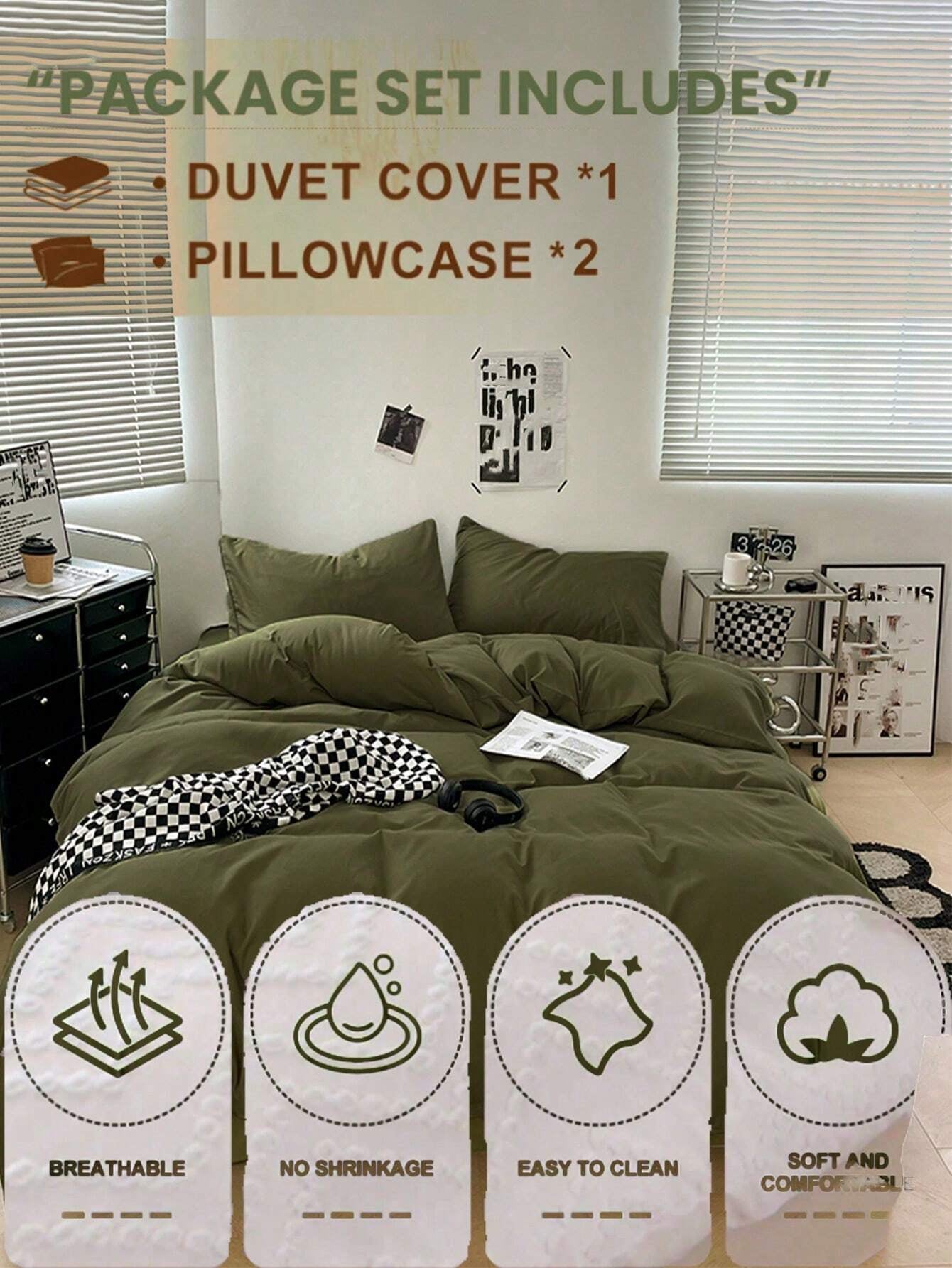 3Pcs Military Green Dormitory/Bedroom Bedding Set, Includes 1Pc Duvet Cover, 2Pcs Pillowcases with No Filling, Machine Washable