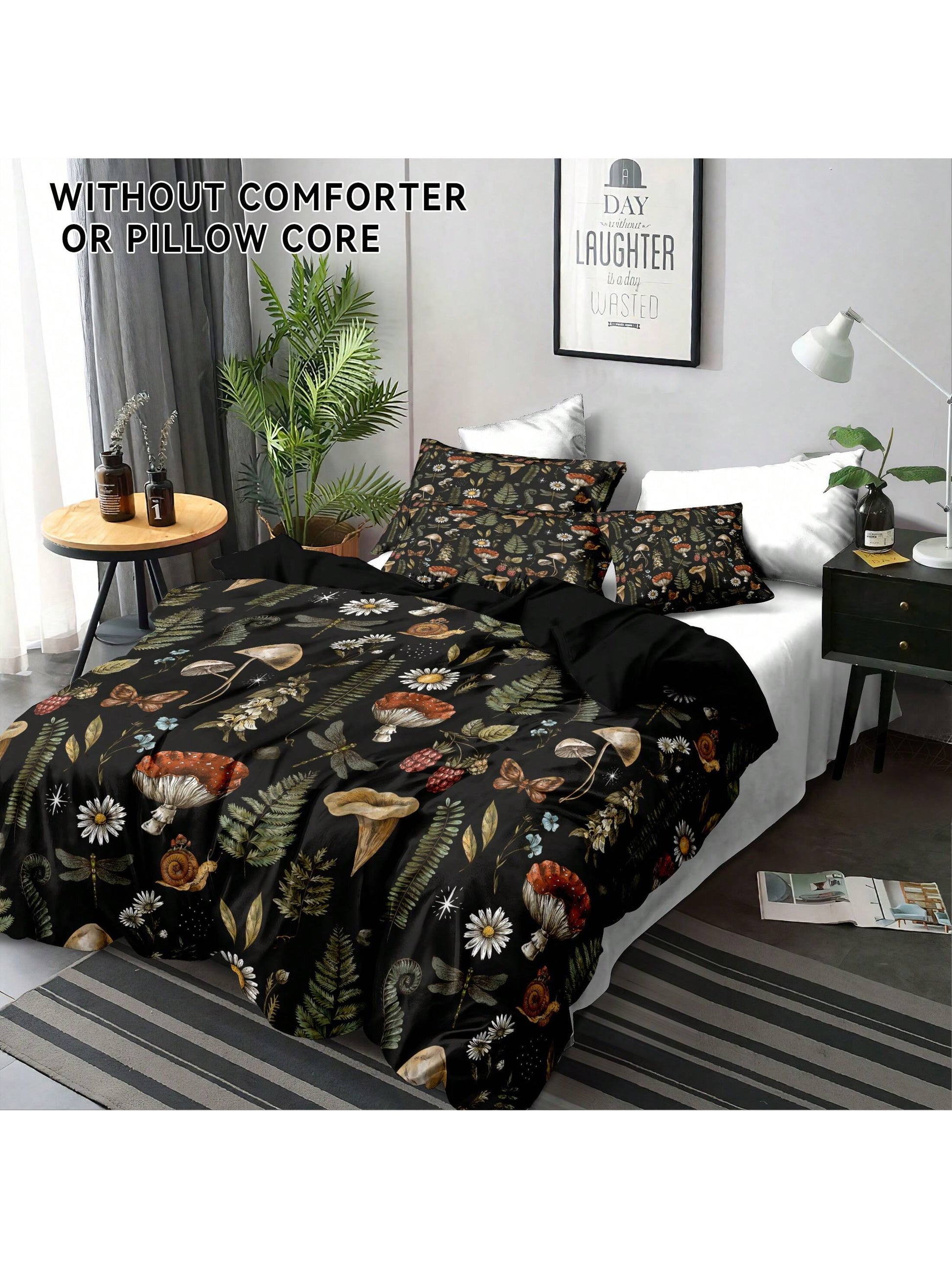 3Pcs Polyester Mushroom Forest & Floral Print Bedding Set, Suitable for Bedroom and Guest Room. Soft & Comfortable Duvet Cover Set, Ideal Gift for Family and Friends (1*Duvet Cover + 2*Pillow Shams, No Filler)