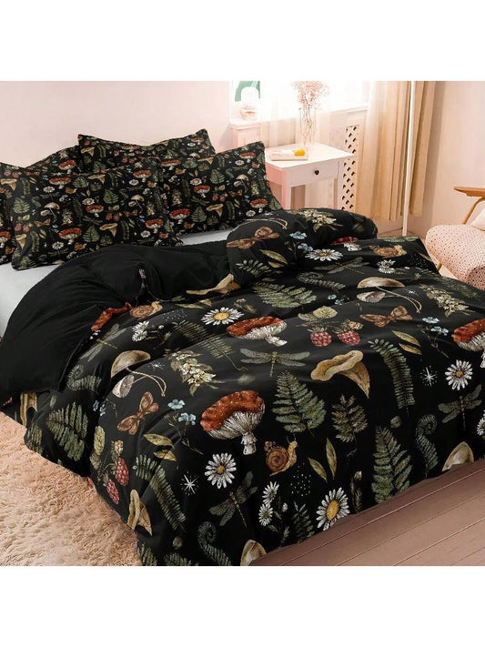 3Pcs Polyester Mushroom Forest & Floral Print Bedding Set, Suitable for Bedroom and Guest Room. Soft & Comfortable Duvet Cover Set, Ideal Gift for Family and Friends (1*Duvet Cover + 2*Pillow Shams, No Filler)
