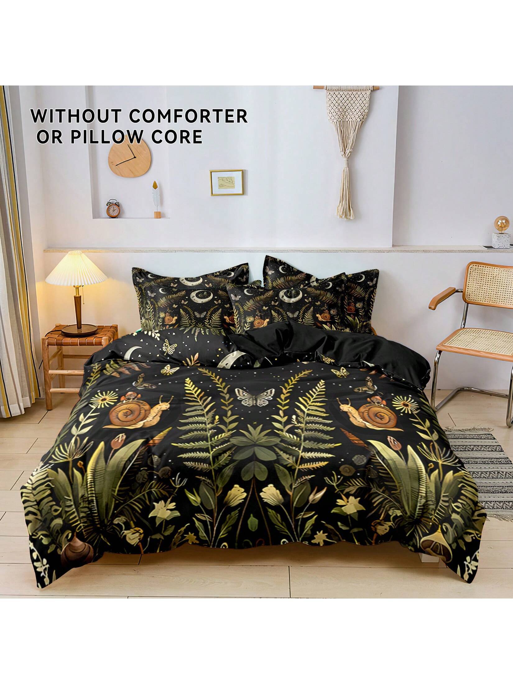 3Pcs Polyester Mushroom Forest & Floral Print Bedding Set, Suitable for Bedroom and Guest Room. Soft & Comfortable Duvet Cover Set, Ideal Gift for Family and Friends (1*Duvet Cover + 2*Pillow Shams, No Filler)