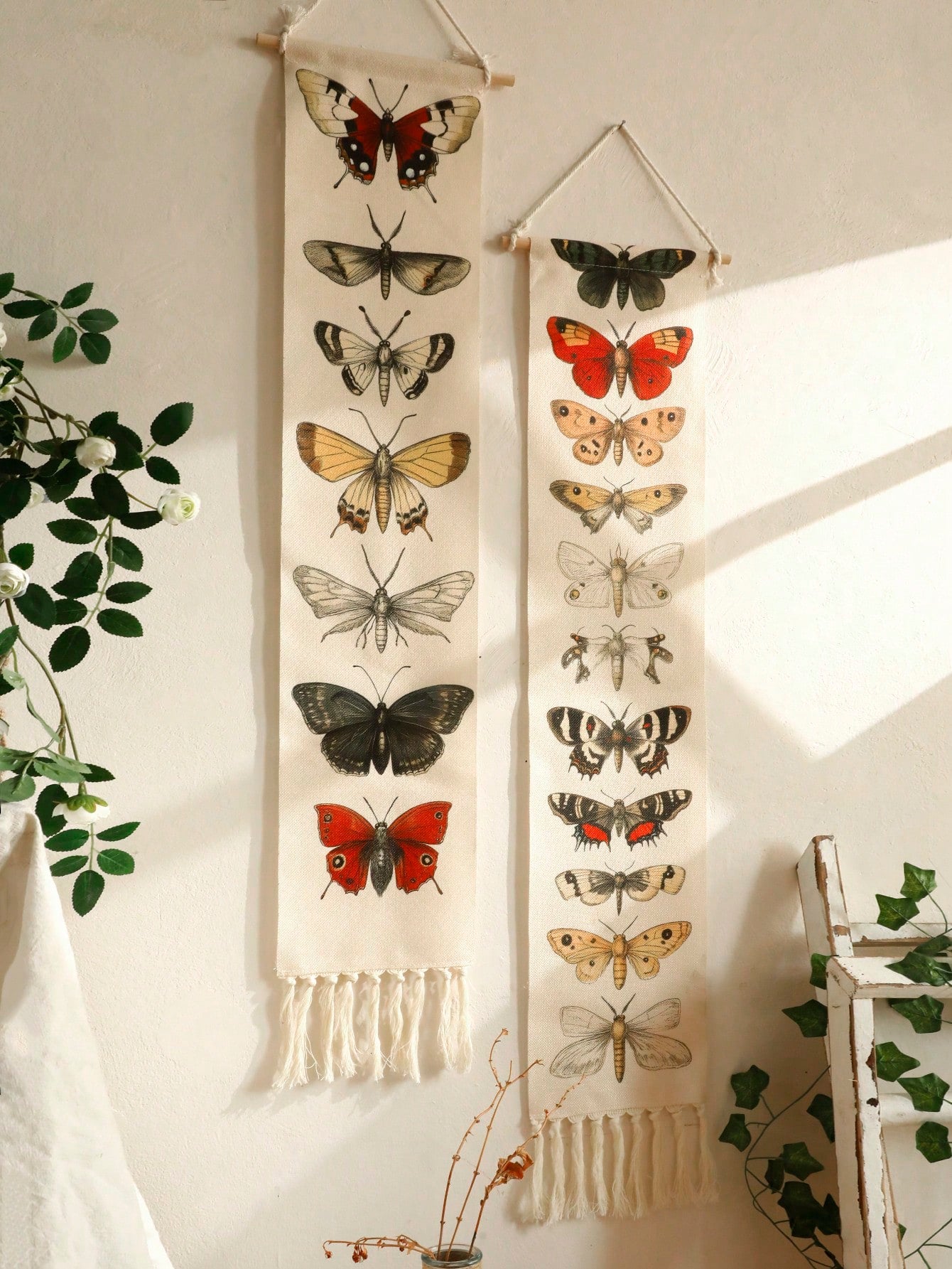 1Pc Vintage Butterfly Tapestry Wall Hanging with Tassels – Insect Moth Specimen Print Banner for Boho Botanical Home Decor, Nature Theme Wall Art for Bedroom Living Room Gallery Classroom