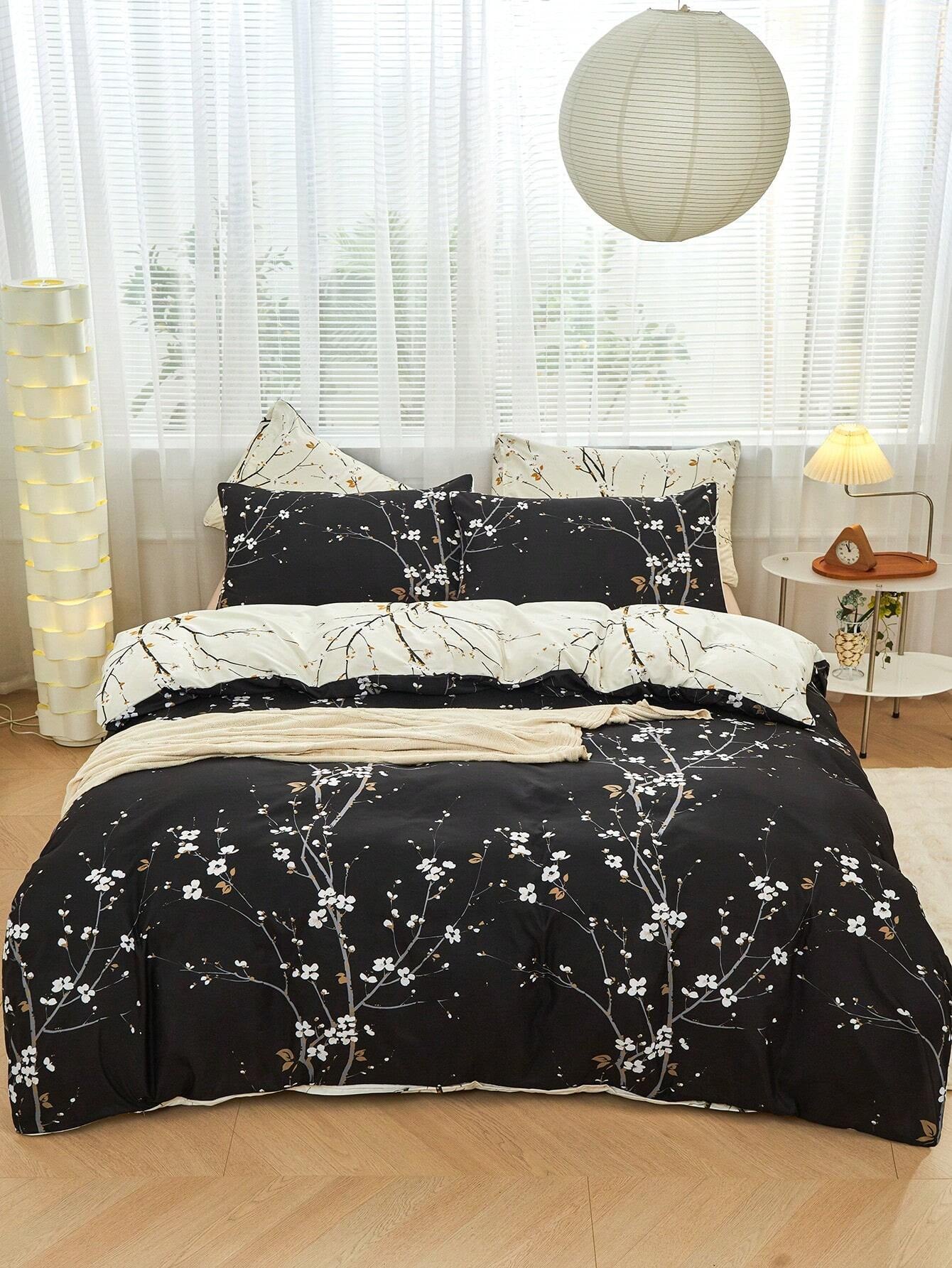 3Pcs/Set Black Beige Two Tone Reversible Plum Blossom Branch Flower Pattern Duvet Cover Set Easy Care Microfiber Soft Bedding Set Soft Breatheable Wrinkle-Free Better for Sleep, Luxury Hotel Style, Gift for Mom Dad Friend, Quilt Comforter Duvet Cover*1 Pillowcase*2 King Queen Full Twin Size Domitory Bedding Back School Bedding
