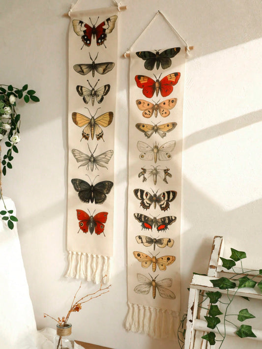 1Pc Vintage Butterfly Tapestry Wall Hanging with Tassels – Insect Moth Specimen Print Banner for Boho Botanical Home Decor, Nature Theme Wall Art for Bedroom Living Room Gallery Classroom