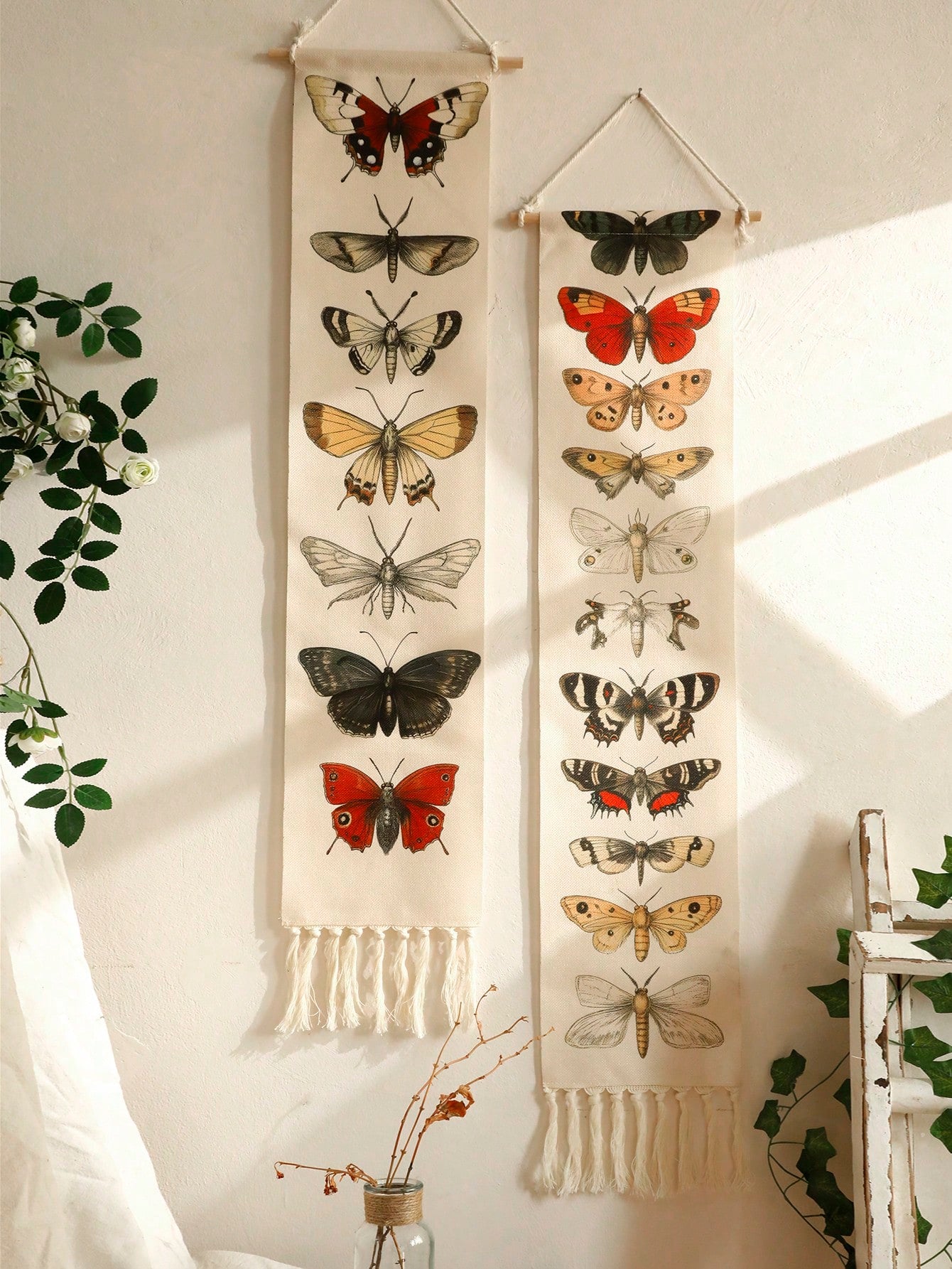 1Pc Vintage Butterfly Tapestry Wall Hanging with Tassels – Insect Moth Specimen Print Banner for Boho Botanical Home Decor, Nature Theme Wall Art for Bedroom Living Room Gallery Classroom