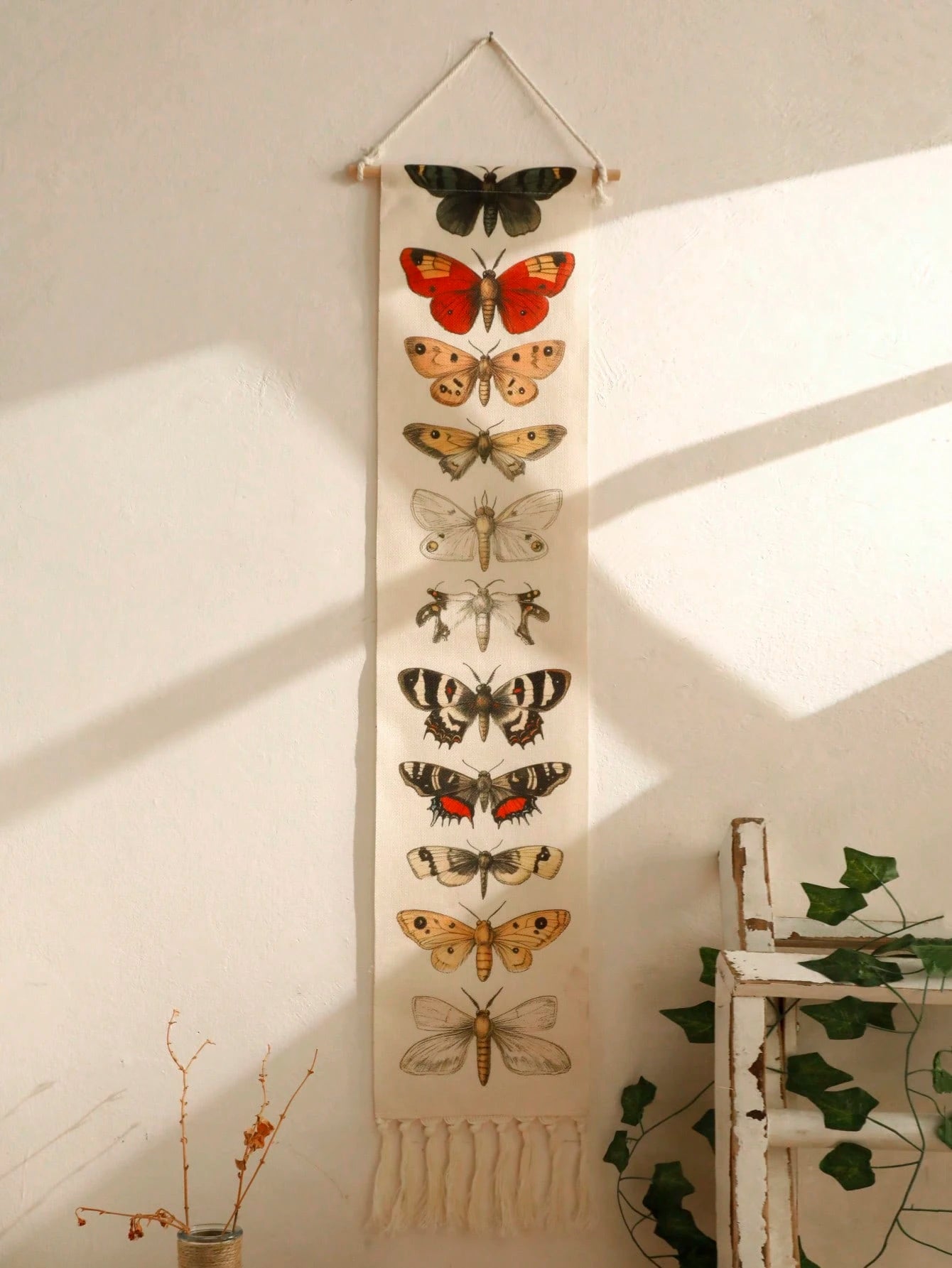 1Pc Vintage Butterfly Tapestry Wall Hanging with Tassels – Insect Moth Specimen Print Banner for Boho Botanical Home Decor, Nature Theme Wall Art for Bedroom Living Room Gallery Classroom